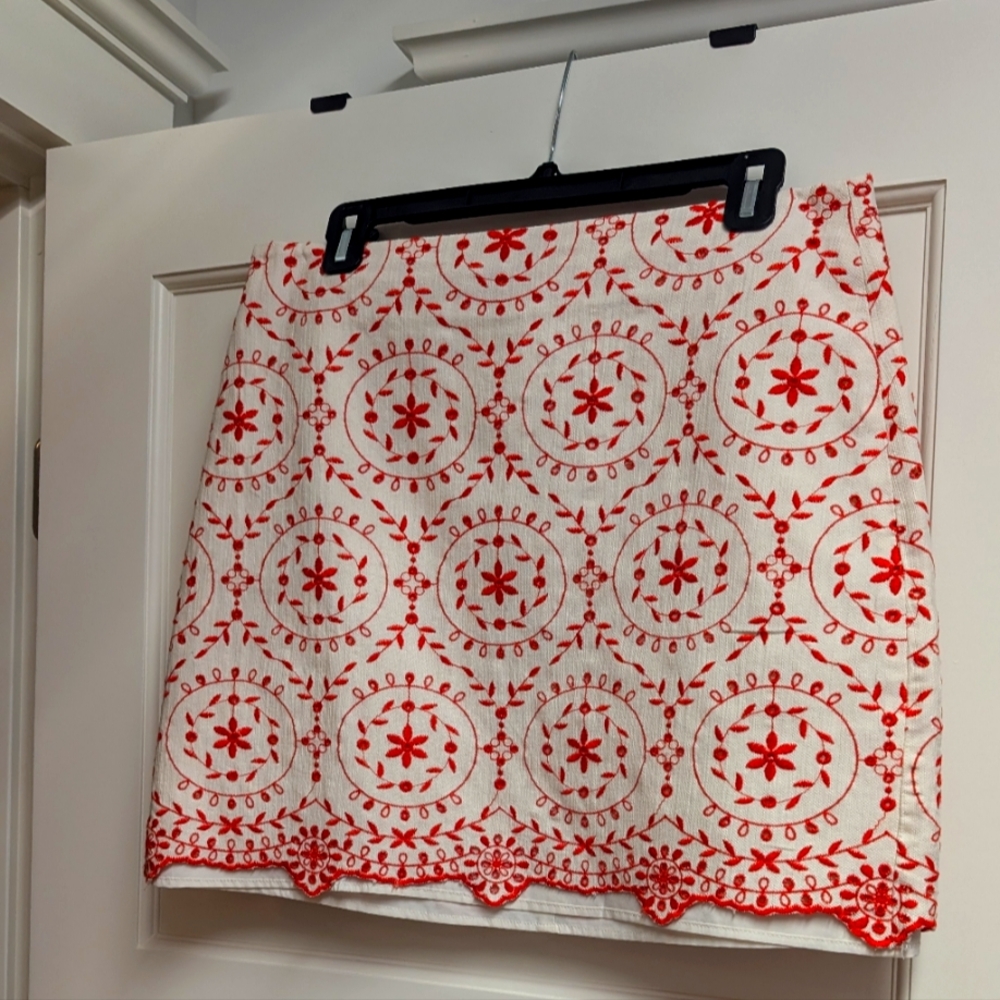LOFT Orange and White Patterned Mini Skirt